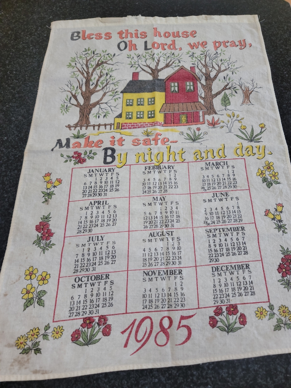 1985 Vintage Calendar Kitchen Towel with House Illustration - Yellow & Red